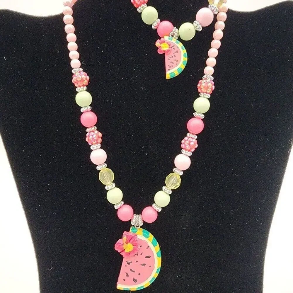 Girls Necklace and Bracelet Set Summer Pastel Beads Watermelon Pendant New